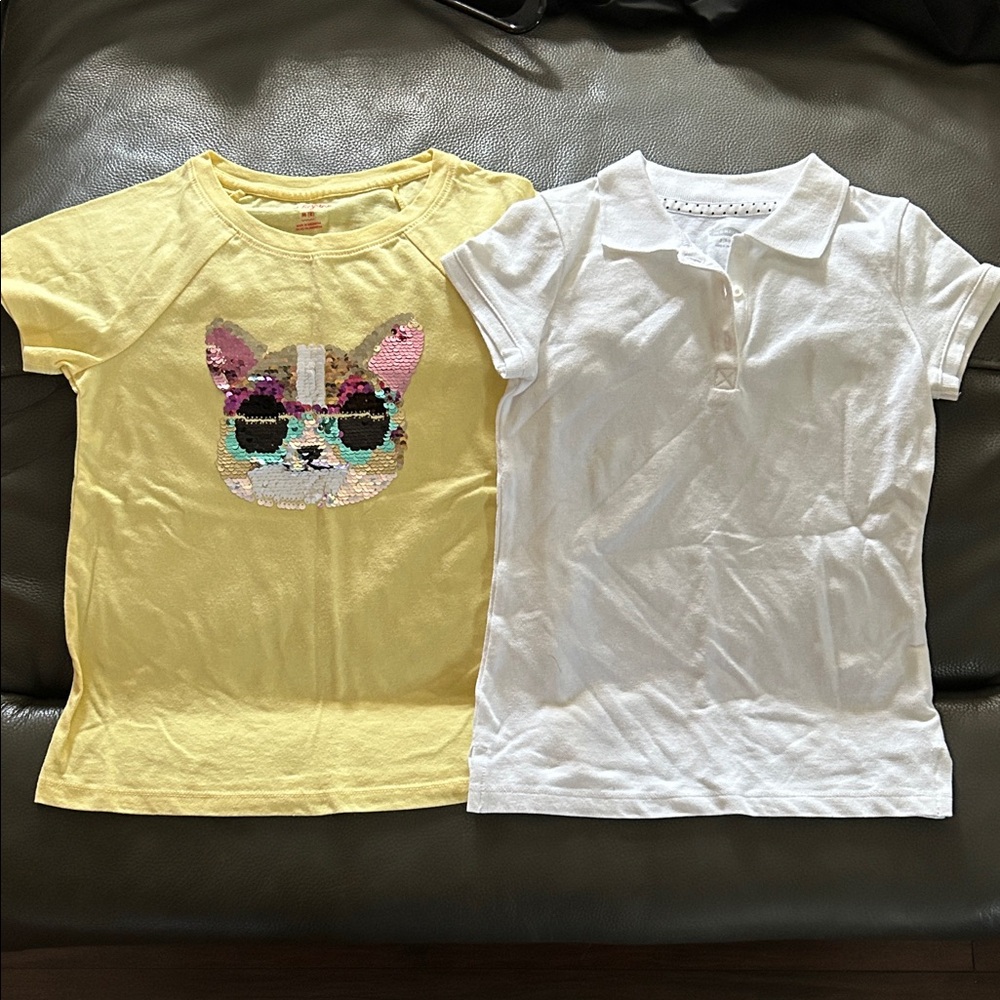 NWOT Girls Yellow Cat Graphic Tee and White Polo Shirt Set